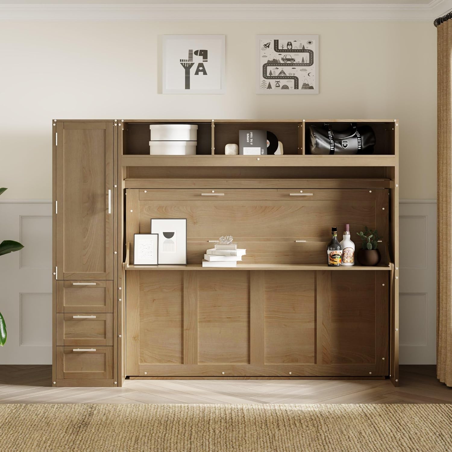 Full Size Murphy Bed Frame with Wardrobe, 3 Drawers and Shelves P729