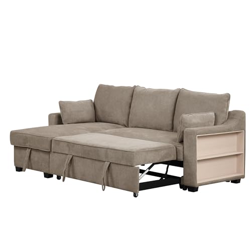 Pull Out Sleeper Sofa Bed with Storage Chaise, L-Shaped, Light Brown G87880