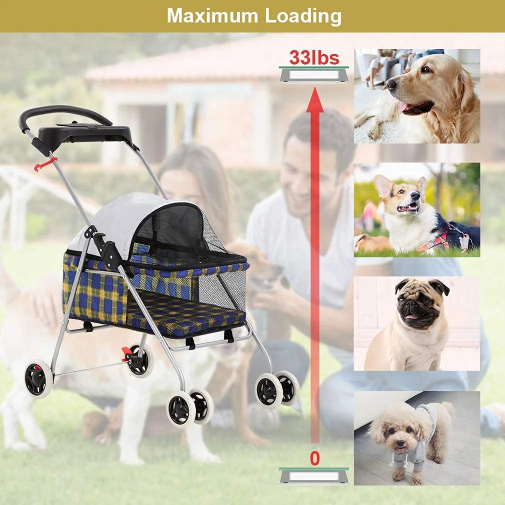 Small Dog Cat Stroller with Cup Holder, Yellow Plaid D993