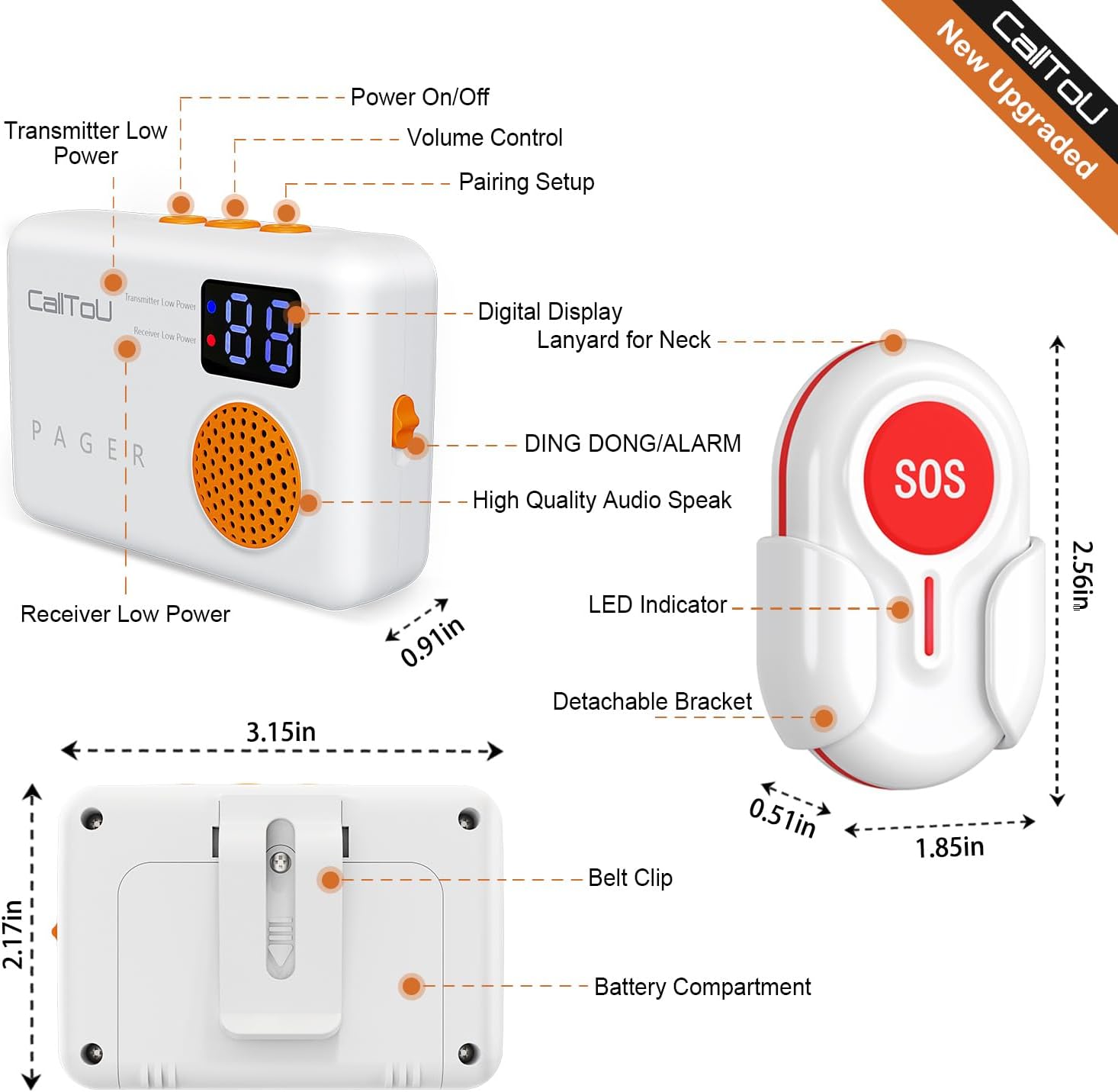Wireless Caregiver Call Button with Vibration and Digital Display, 3 Receivers and 3 SOS Buttons F992