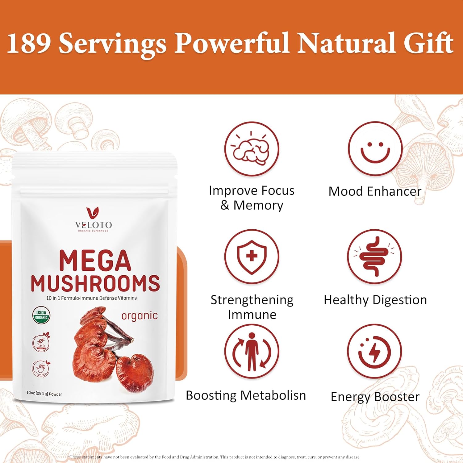 Organic Mushroom Powder Blend Supplement, 10 in 1 Complex, Vegan, 10oz S44880