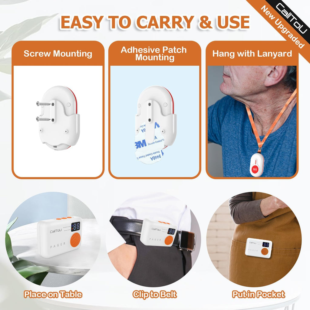 Wireless Caregiver Call Button with Vibration and Digital Display, 3 Receivers and 3 SOS Buttons F992