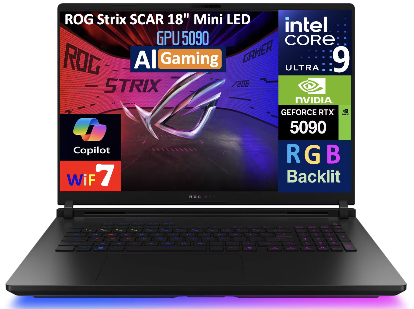 ASUS ROG Strix SCAR AI Gaming Laptop 18in 240Hz Mini LED WQXGA Display (Intel Ultra 9- 275HX, NVIDIA GeForce RTX 5090 24GB, 32GB DDR5, 2x8TB PCIe SSD (16TB), RGB KB, 2 Thunderbolt 5, Win 11 Pro)