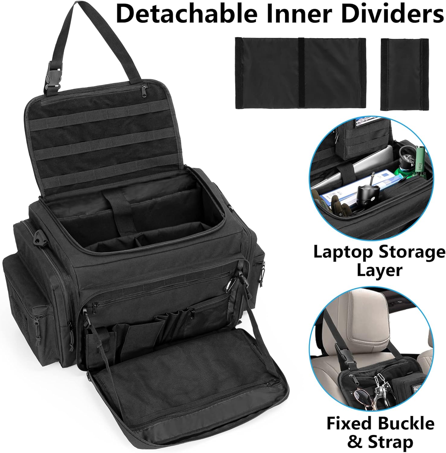 Patrol Bag for Police Gear, Car Front Seat Organizer with Laptop Layer, MOLLE Compatible, Black U998