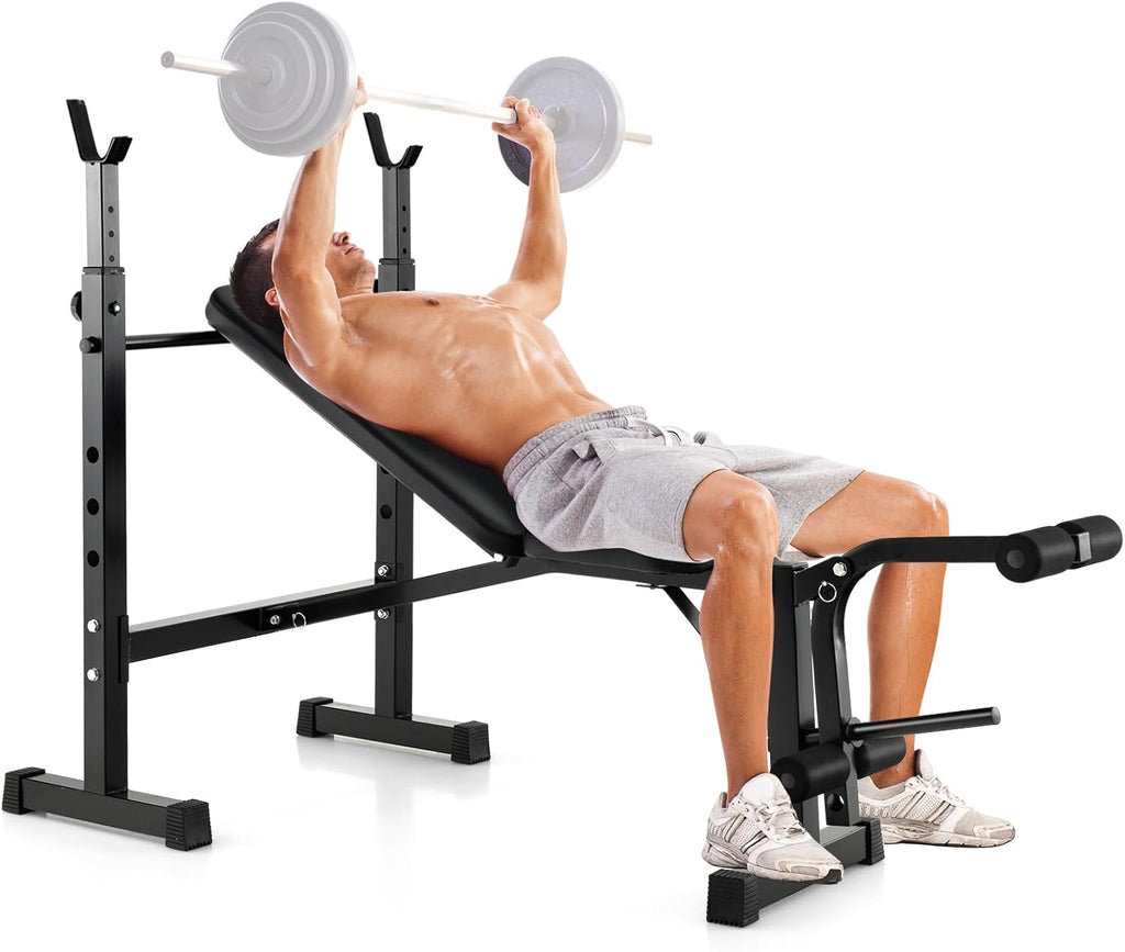 GYMAX Adjustable Weight Bench, Foldable Weight Bench with Squat Racks, Leg Extension & Leg Curl, Strength Training Workout Bench Press, Olympic Weight Lifting Bench Set for Home Gym