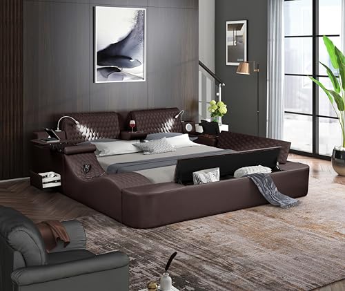 Queen Size Smart Bed, Multifunctional Leather Bed Frame with Massage Recliner/Upholstered Headboard/Music Speaker/USB Port/Storage Space, Modern Luxury Bed Frame(Gray)