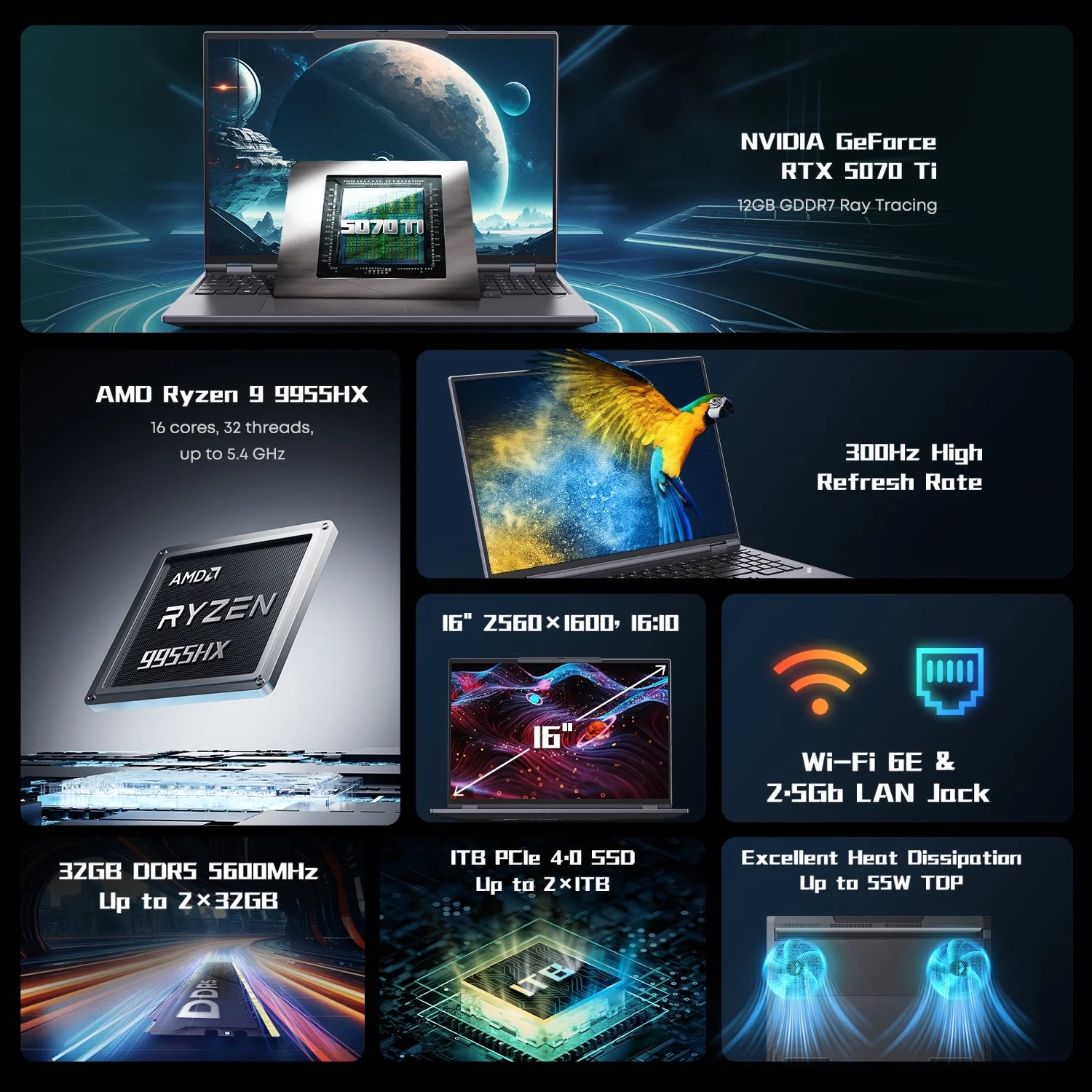 16" Gaming Laptop, RTX-5070Ti, 32GB DDR5, 1TB SSD, Windows 11 Pro S735346