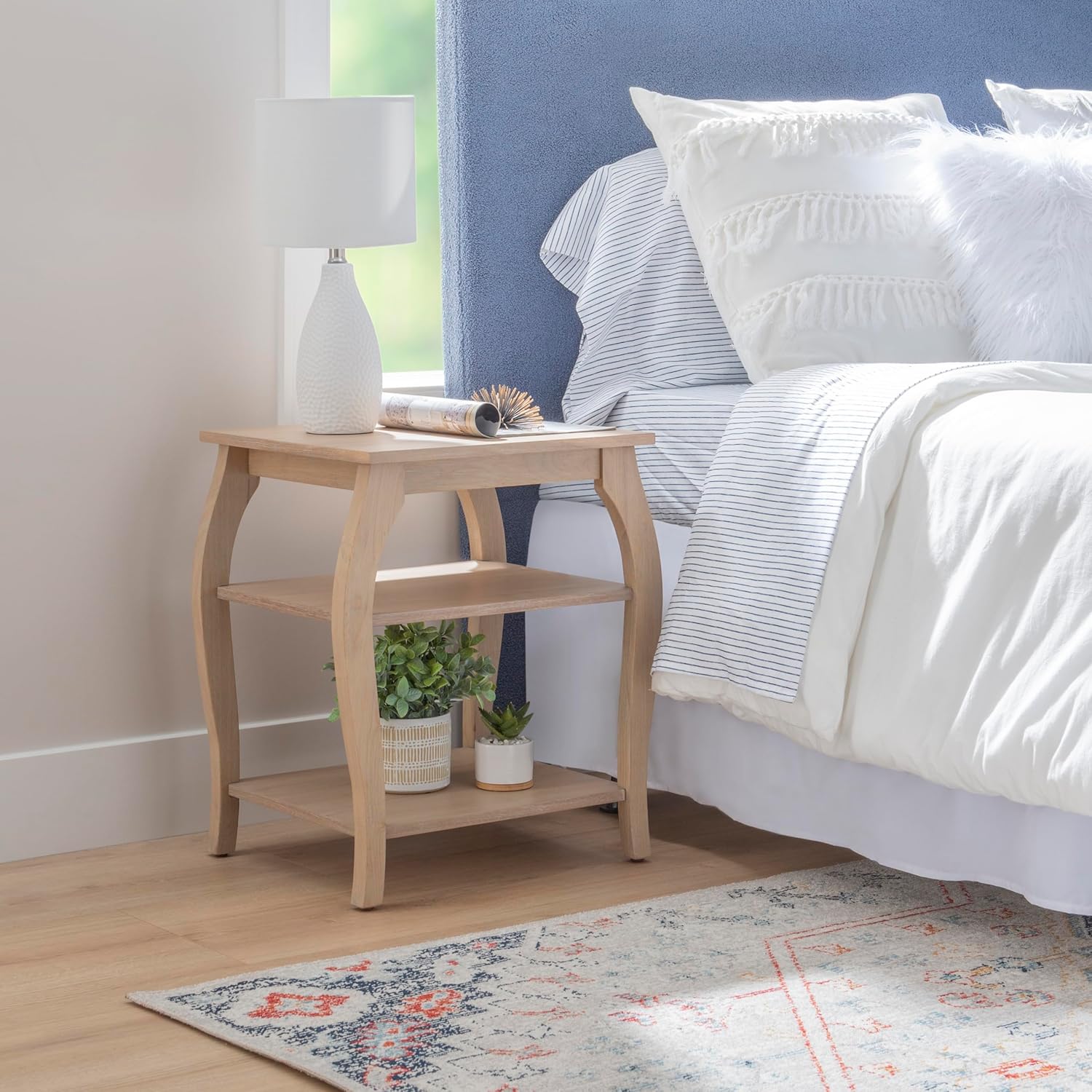 Wooden Side Table with Curved Legs and Two Display Shelves F680