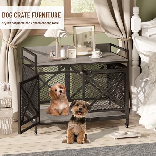 Large Dog Crate Furniture 48 Inch Wooden Kennel Indoor with Wheels O6035