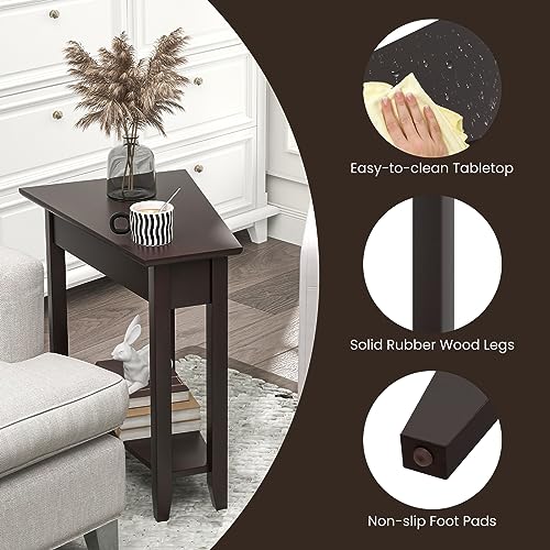 2-Tier Wedge End Table Set of 2 with Storage Shelf, Solid Wood Legs Y108