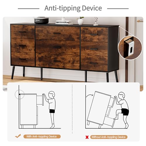 9 Drawer Dresser for Bedroom, White with Wooden Feet K8662