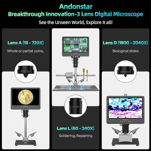 7" HDMI Digital Microscope for Electronics Repair with 3 Lens, 2160P Video Record G72550