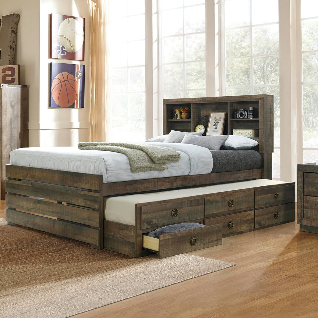 Twin Size Bookcase Captain Bed with Drawers and Trundle V912833