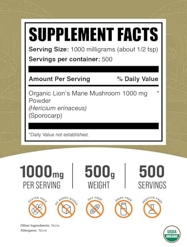 Organic Lion's Mane Mushroom Powder, 1000mg per Serving, 500g R274