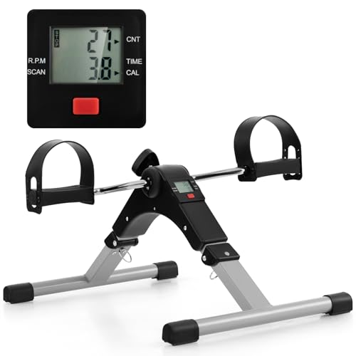 Goplus Mini Exercise Bike, Folding Under Desk Bike Pedal Exerciser with LCD Display, Adjustable Resistance, Portable Lightweight Foot Peddler Machine for Seniors Arms Legs Workout Office Home Fitness