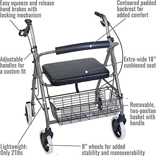 Rollator Walker with Extra Wide Seat and Backrest, Adjustable Height, Burgundy E4900