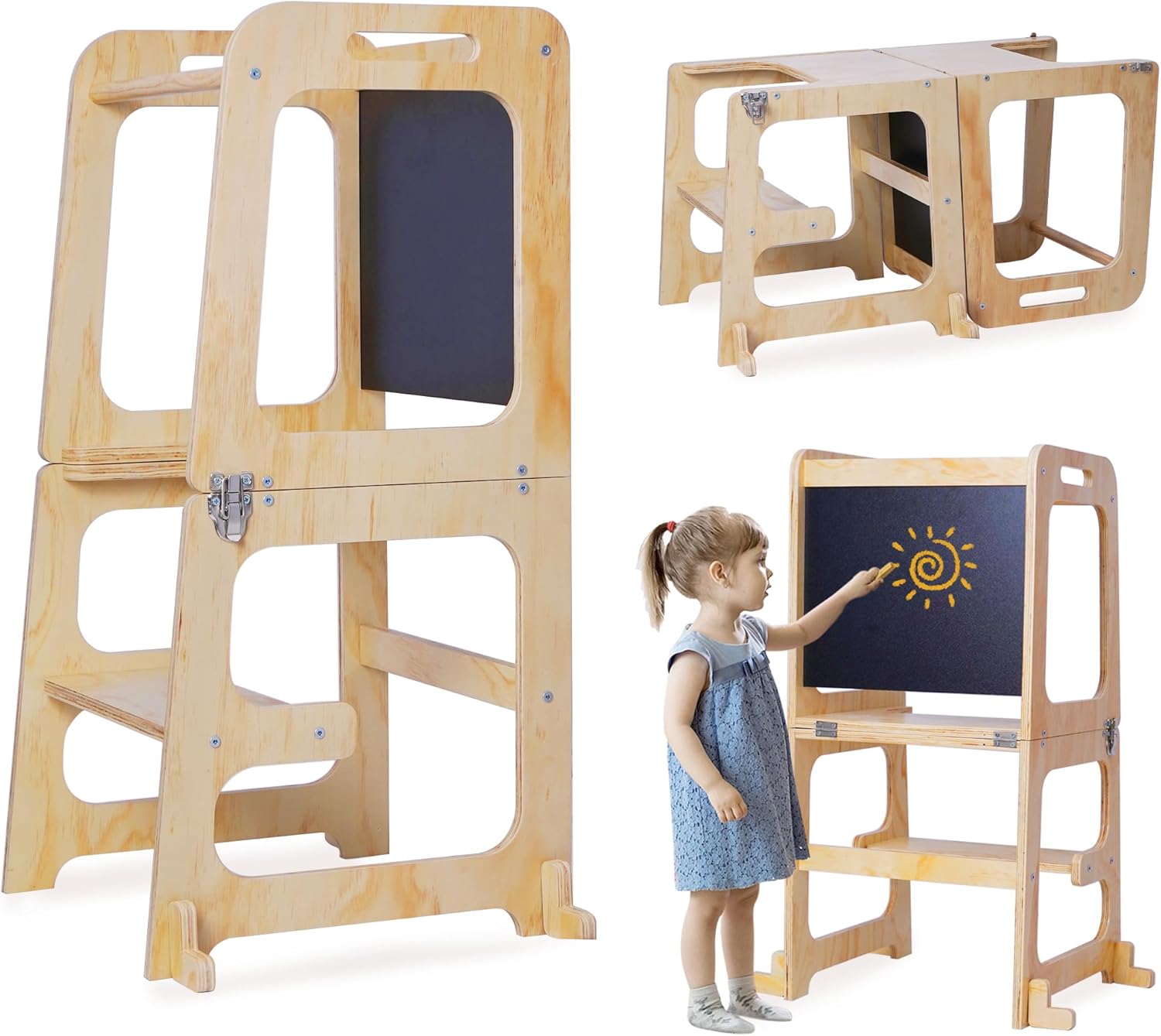lesolar 3-in-1 Toddler Standing Tower, Kids Kitchen Step Stool Helper, Montessori Assistant Tower Suitable for Toddlers and Children from 1-6 years old Kitchen Blackboard Tower with Safety Rail