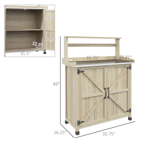 Outdoor Wooden Potting Table with 2 Door Cabinets and Galvanized Top K706