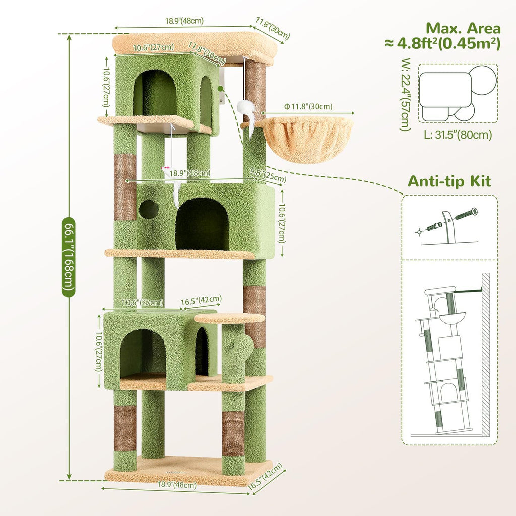 Multi-Level Cactus Climbing Tower for Indoor Cats with Large Platform and 3 Caves R347