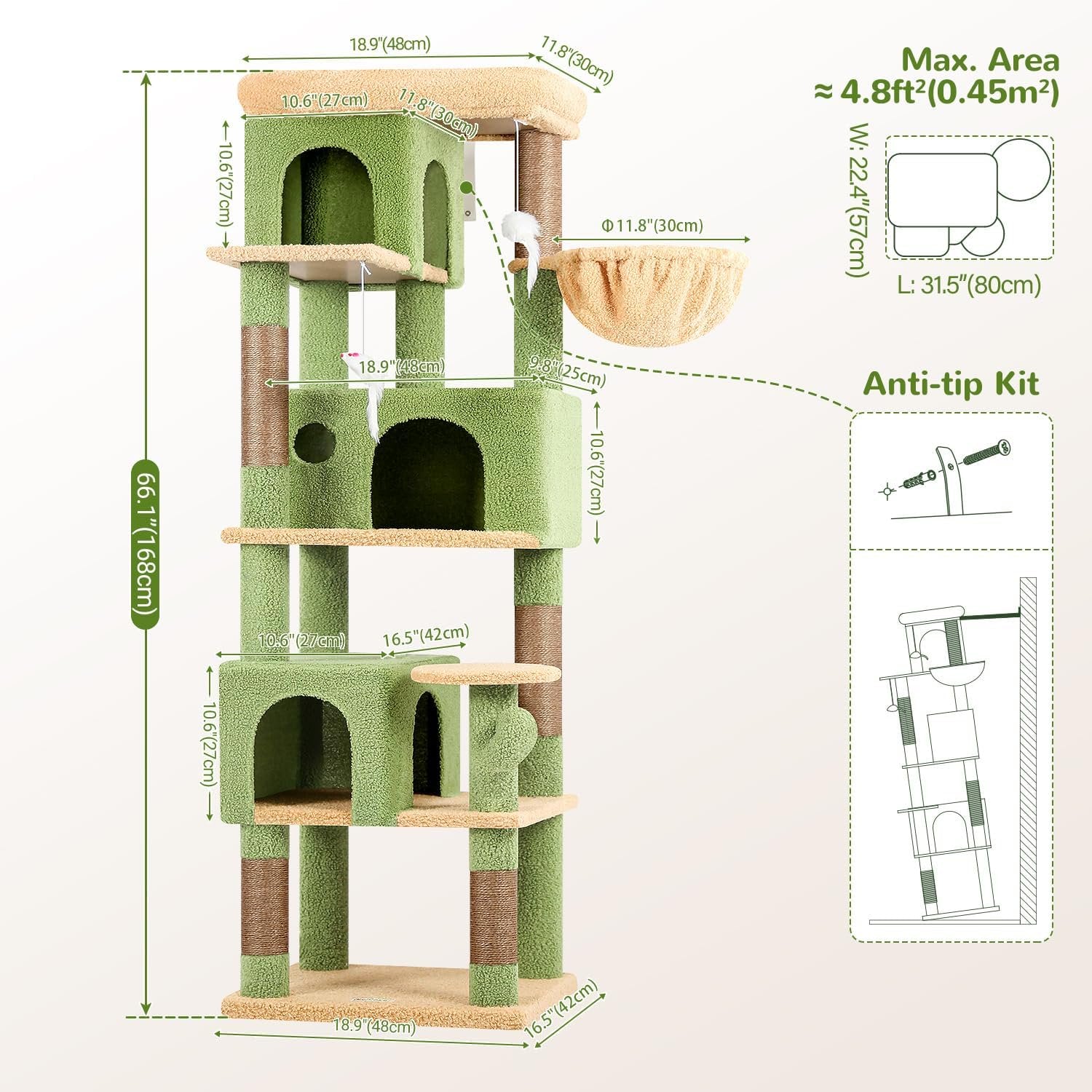 Multi-Level Cactus Climbing Tower for Indoor Cats with Large Platform and 3 Caves R347