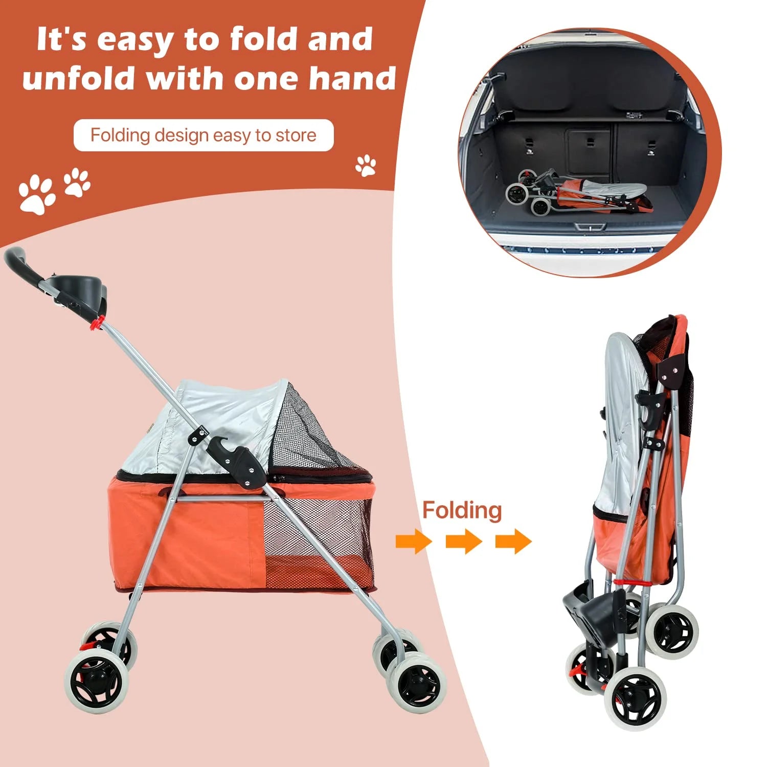 Folding Dog Stroller with 4 Wheels, Orange D5264