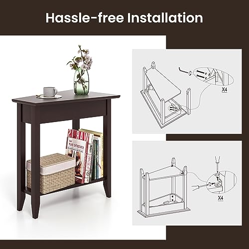 2-Tier Wedge End Table Set of 2 with Storage Shelf, Solid Wood Legs Y108