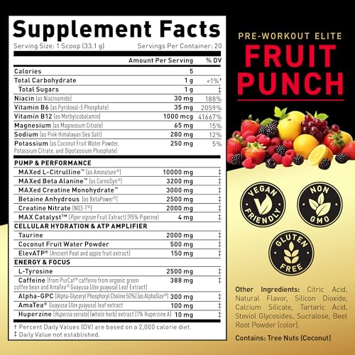Pre Workout Powder for Men & Women, High Stimulant Energy Focus, Fruit Punch, 20 Servings F282286