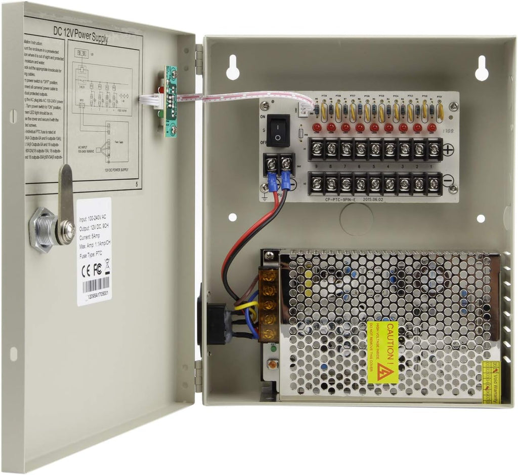Xenocam 8 Channel Port 12V DC 5 Amp Amper with PTC Fuse Distributed Power Supply Box for CCTV DVR Security System and Camera or Cameras