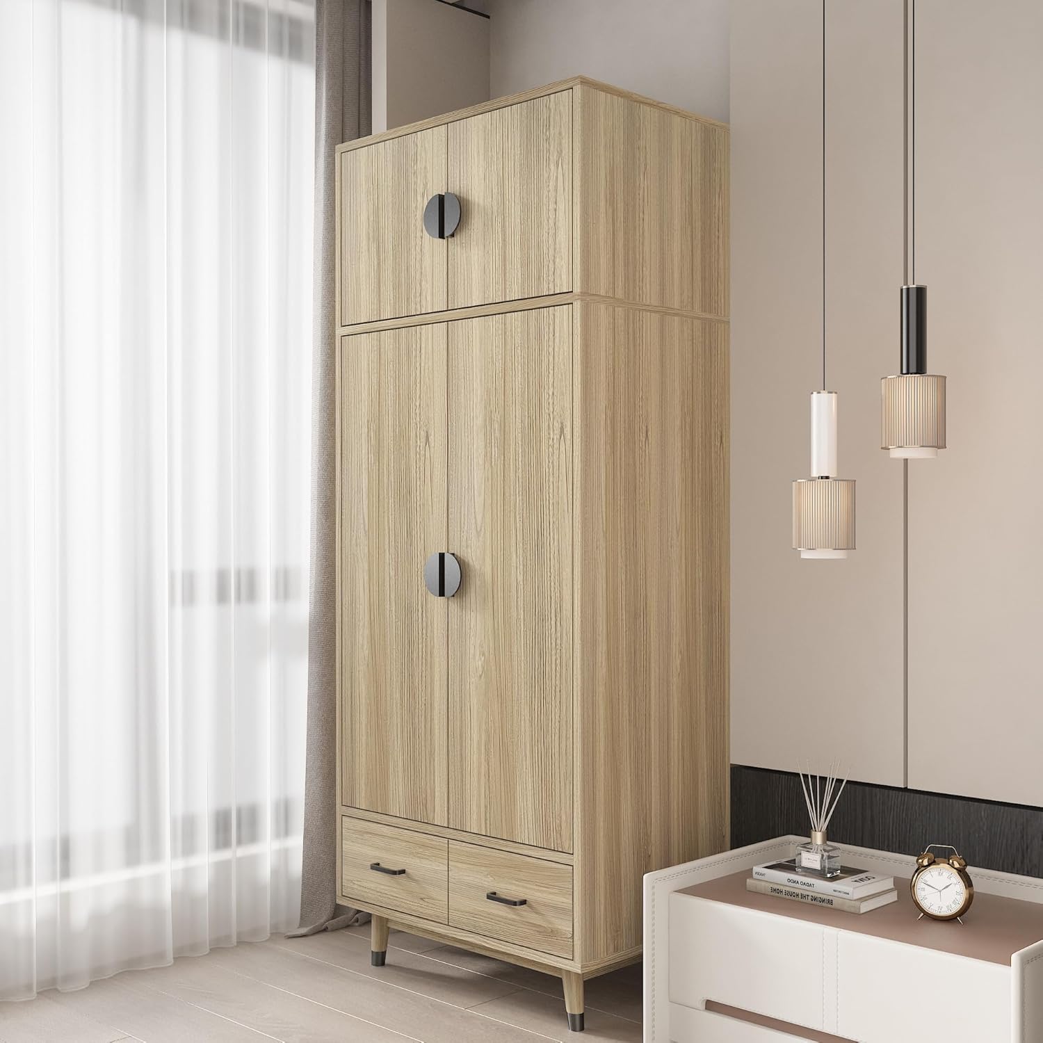 2-Door Wood Storage Cabinet with Drawers and Hanging Rod R41287