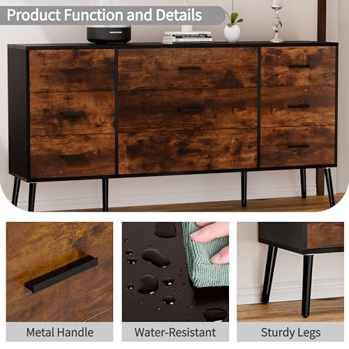 9 Drawer Dresser for Bedroom, White with Wooden Feet K8662